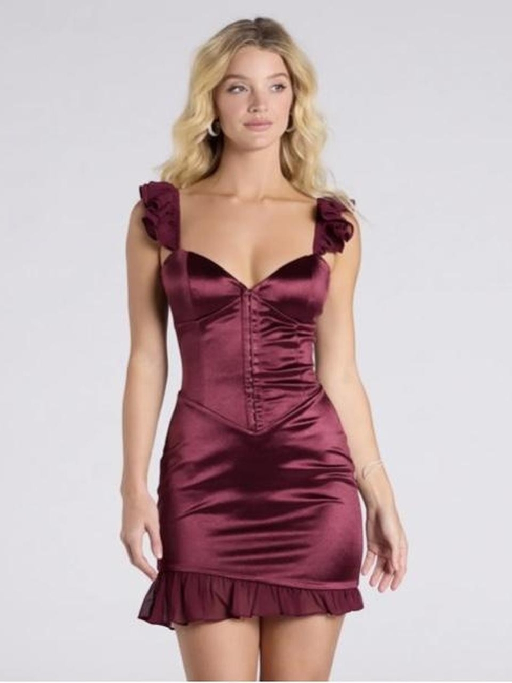 Windsor Satin Ruffle Strap Mini Dress in Burgundy